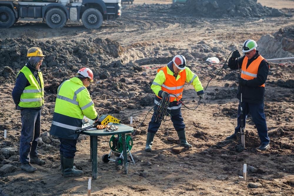 Engineers inspecting soil conditions before selecting piling equipment