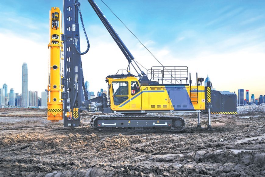 Modern rotary piling drill rig operating on a commercial construction site