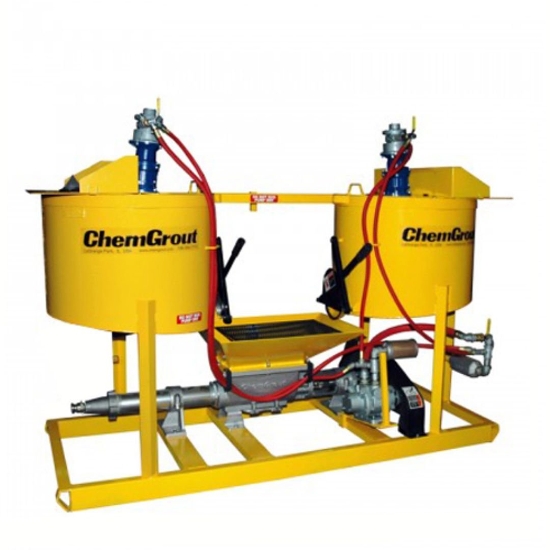 Skid-mounted grout plant with dual mixing tanks and grout pump